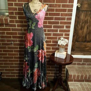 Komarov Lace Up Back Floral maxi Charmeuse Dress M